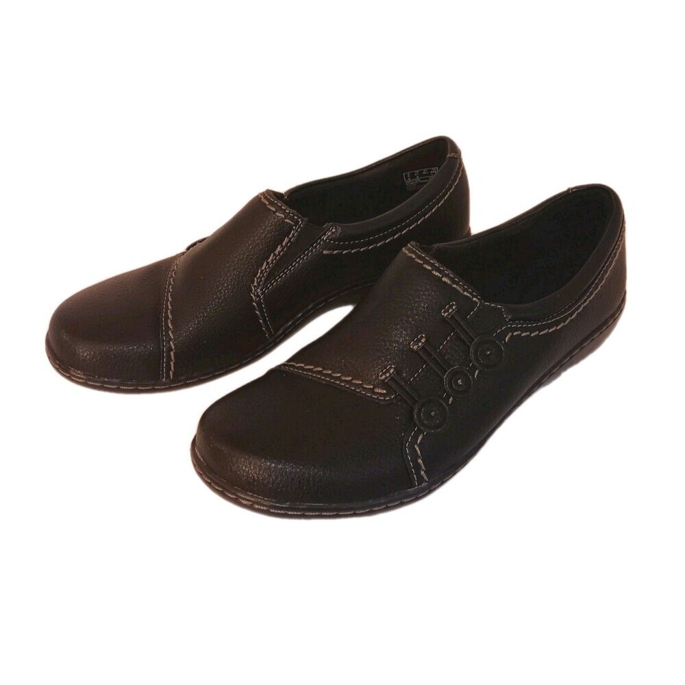 Clarks Women's Black w/White Stitch Ashland Effie Flat Slip-on Loafers Size 8.5 - Picture 2 of 6